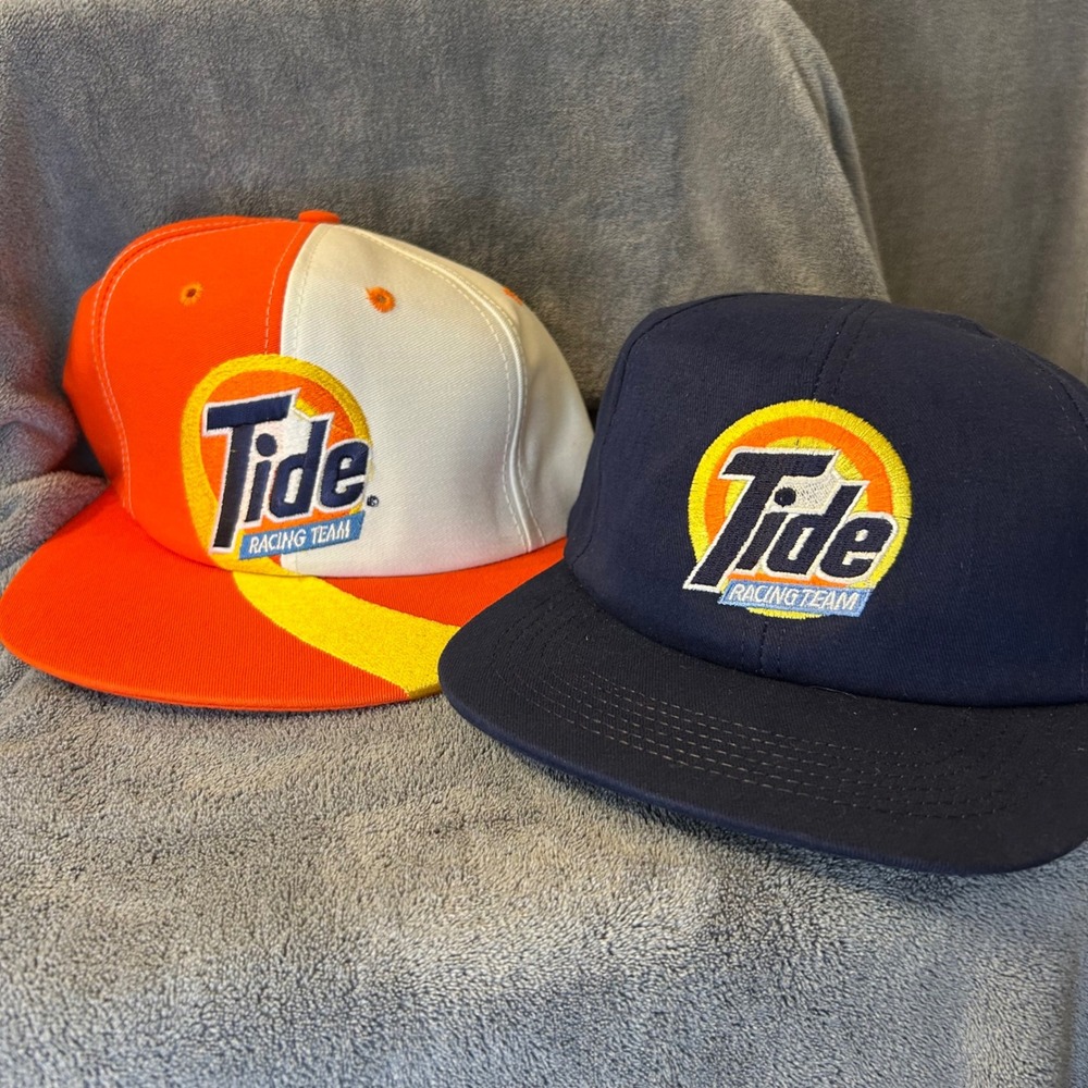Two Vintage 90s NASCAR Tide Racing Team Hats Made in USA Navy Orange Embroidered